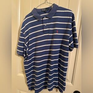 Ralph Lauren Blue and White Striped Polo with Red Logo